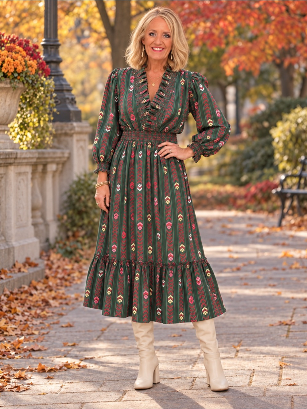 Umgee Green Patterned Ruffle-Trim Midi Dress Large